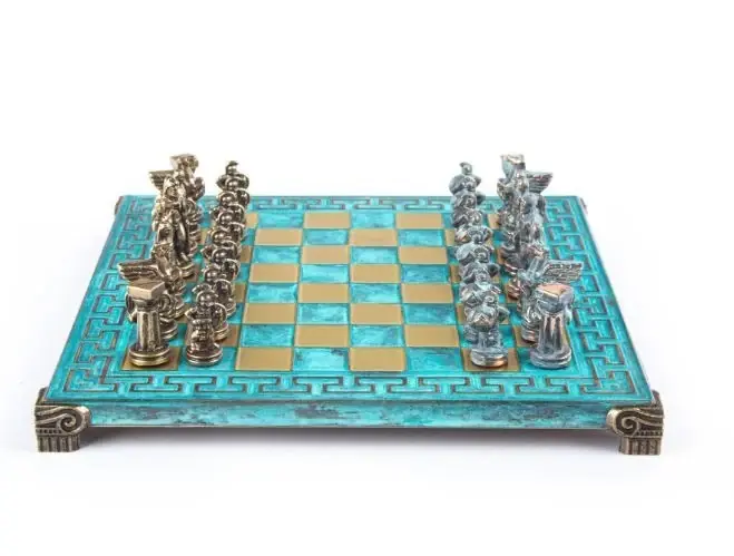Spartan Warrior Chess set with blue/brown chessmen and Meander bronze chessboard 28 x 28cm (Small) Manopoulos | Toppkvalitet