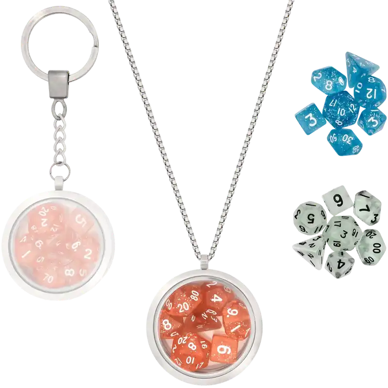 Utförsäljning - DICE LOCKET W NECKLACE & KEYCHAIN + 3 DND MINI DICE SETS FANTASY JEWELRY