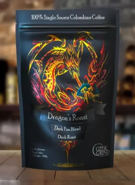 Geek Grind Coffee Dragon Roast Dark Fire Blend Whole Bean 12 oz - Bara denna vecka