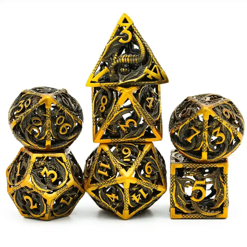 A Role Playing Dice Set Metallic Hollow Metal Dnd Dice Flying Dragon Gold | Rabatter