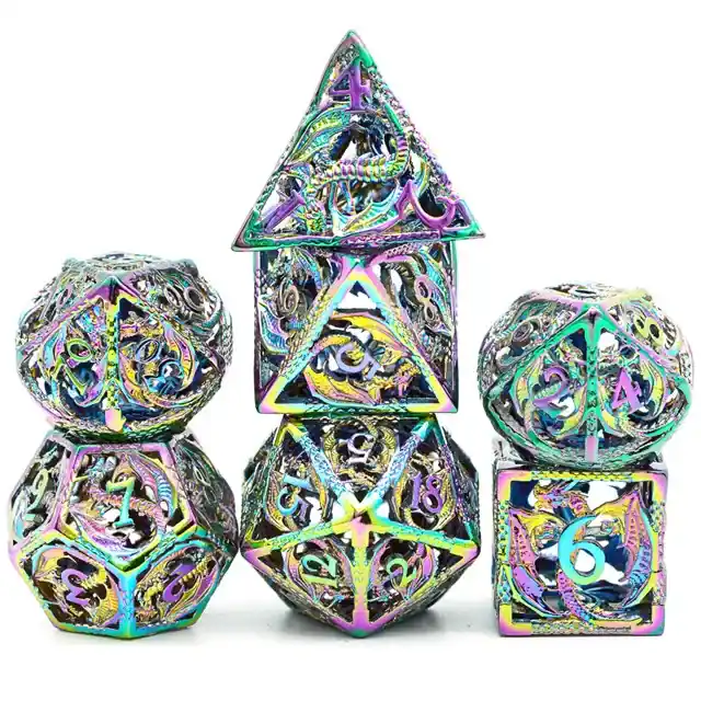 Kampanj - A Role Playing Dice Set Metallic Hollow Metal Dnd Dice Flying Dragon Rainbow