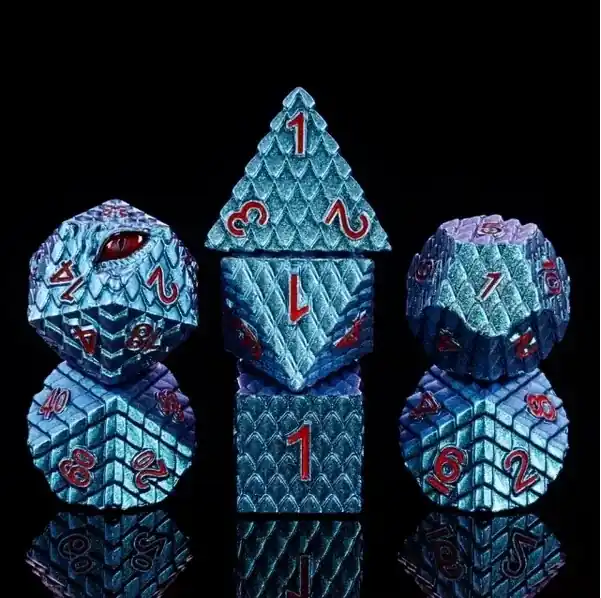 A Role Playing Dice Set Metallic Dragon Scale Light Blue Red Font | Kundernas favorit