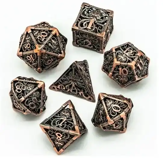 Fynd - A Role Playing Dice Set Metallic Brons Hollow Metal Dnd Dice Cthulhu
