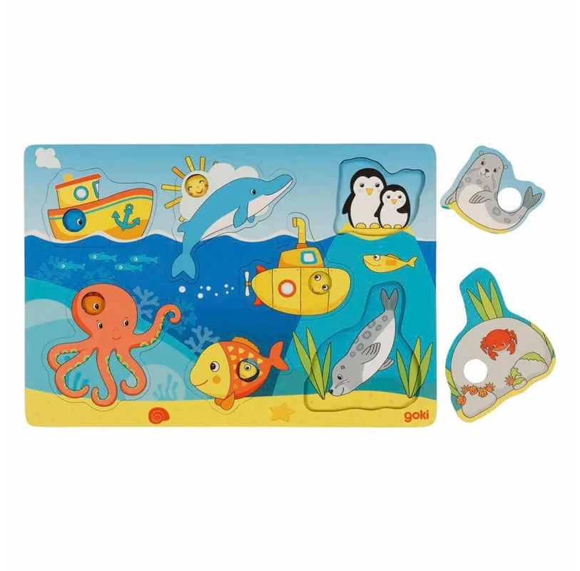 Lågt pris | Goki Wooden Background Puzzle Sea Animals 7 pcs. Trä