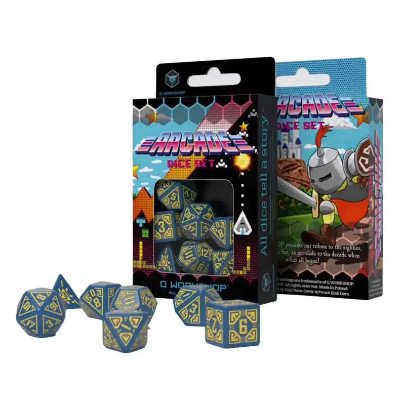 QworkShop Arcade Dice Set 7 st (blå & gul) | Snabb frakt
