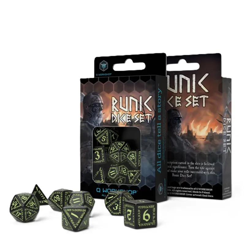 Q Workshop Runic Glow in the Dark Dice Set 7st (svart) - Säker betalning