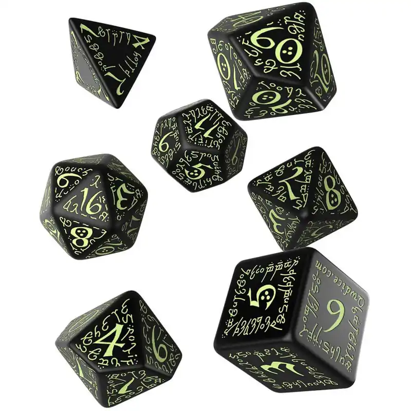 Finns i lager - Q Workshop Elvish Black & Glow-in-the-Dark Dice Set av 7