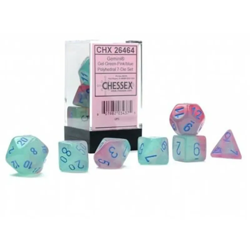 Gemini Luminary Gel Green Polyhedral Dice (Pink/Blue) - Mycket efterfrågad