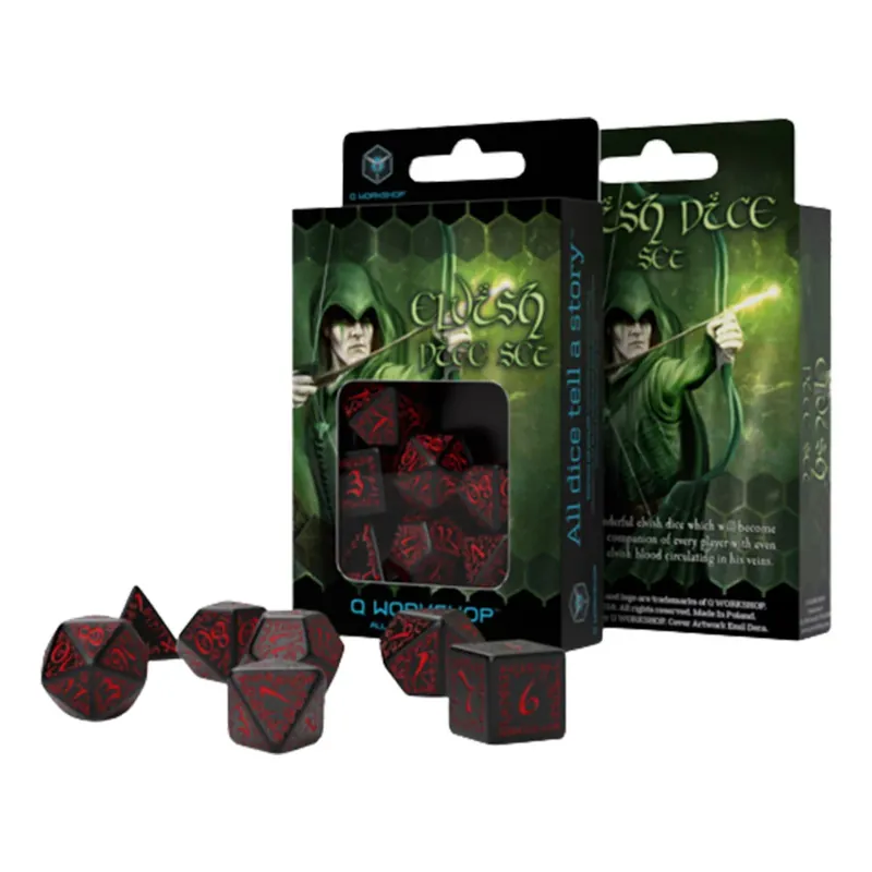 Dagens erbjudande | Q Workshop Elvish Black & Red Dice (uppsättning av 7)