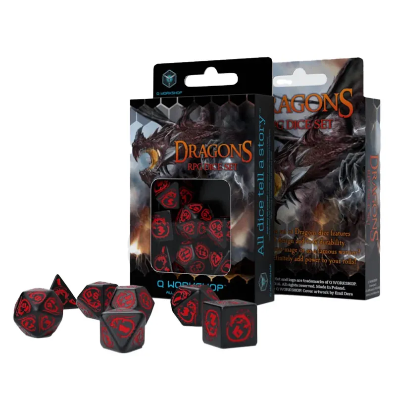 Q Workshop Dragon RPG DICE SET 7st (Black & Red) | Mycket populär