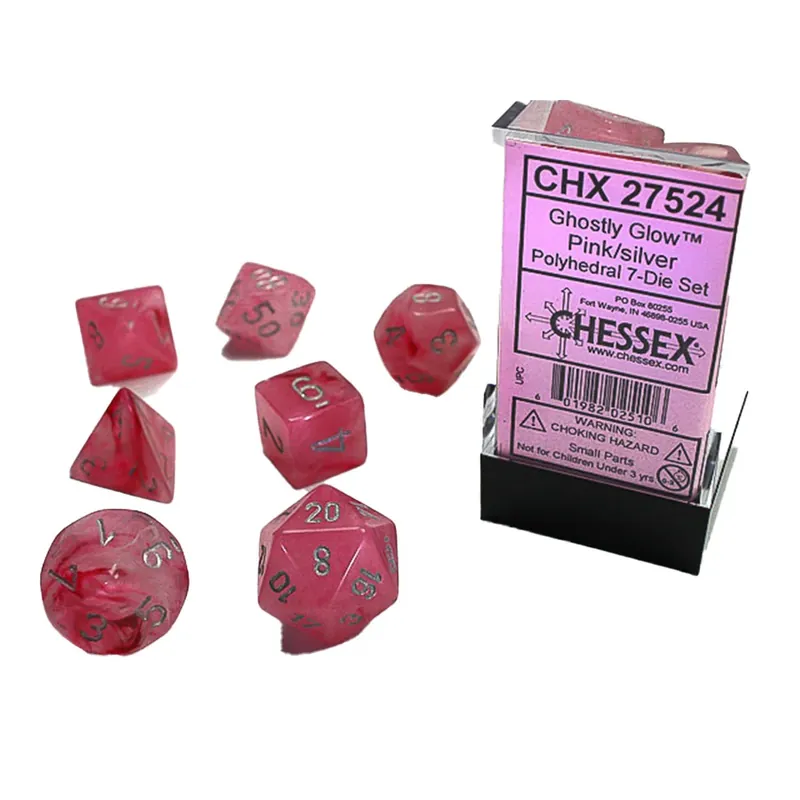 Ghostly Glow Chessex Polyhedral 7-Die Set (Pink/Silver) | Mycket efterfrågad