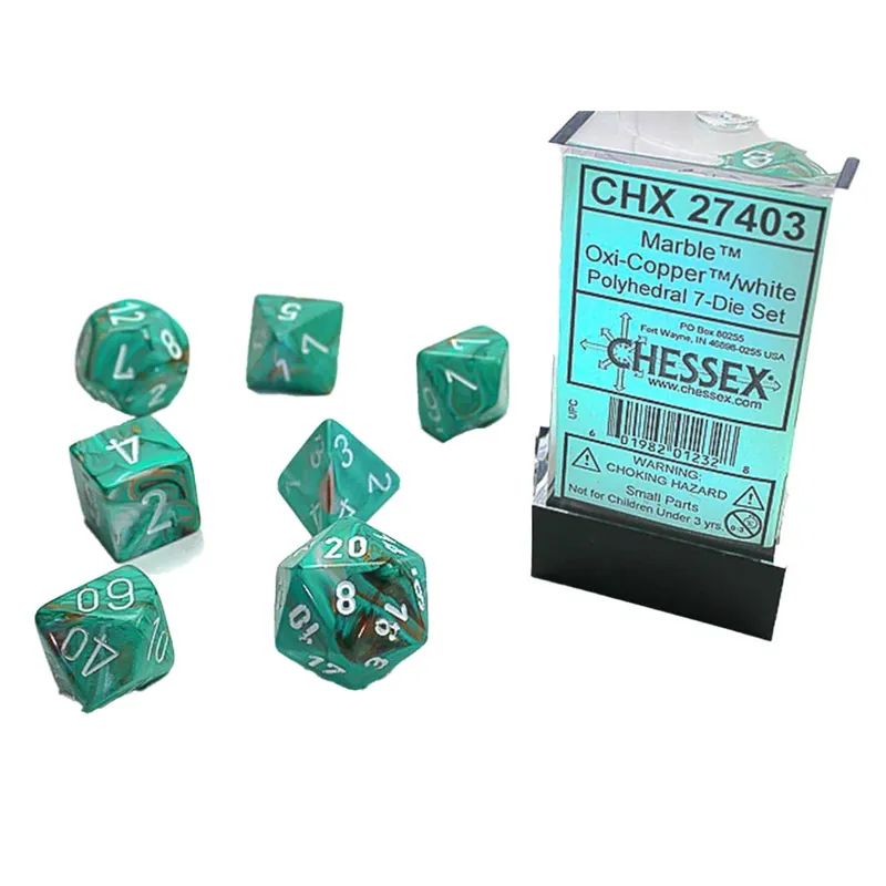 Marmor Chessex Polyhedral 7-Die Set (Oxi-Copper/White) | Sänkt pris